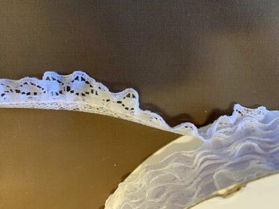 White ruffled lace trim polyester 3/4” wide, 5 yard minimum