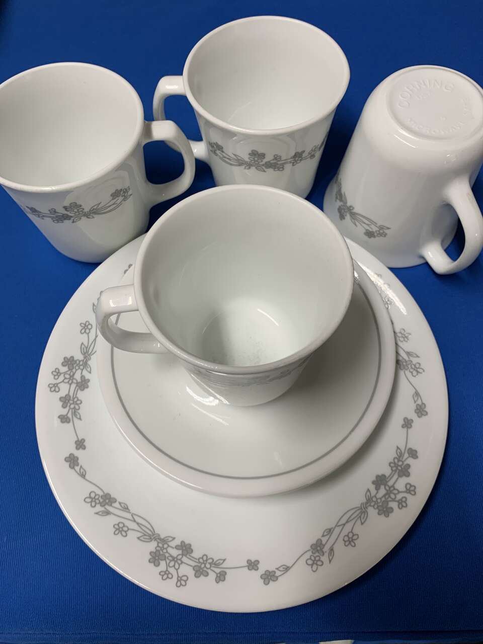 Corelle gray Ribbon Bouquet plates cups saucers