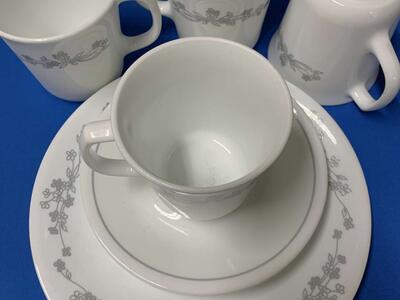 Corelle gray Ribbon Bouquet plates cups saucers