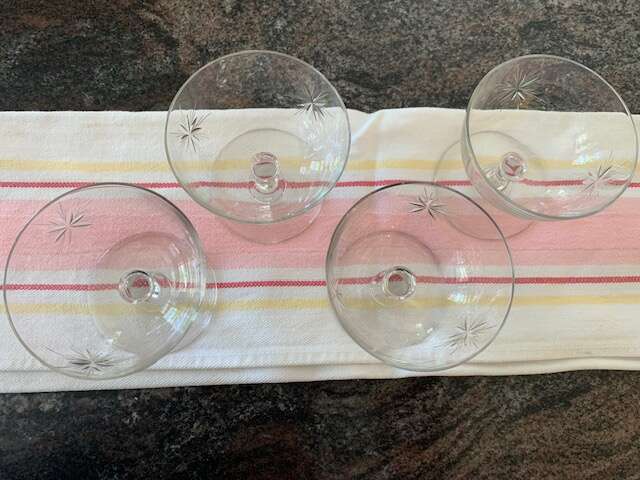 STAR DUST STARBURST 6 point champagne/sherbets cut atomic clear (3) 3 3/8”