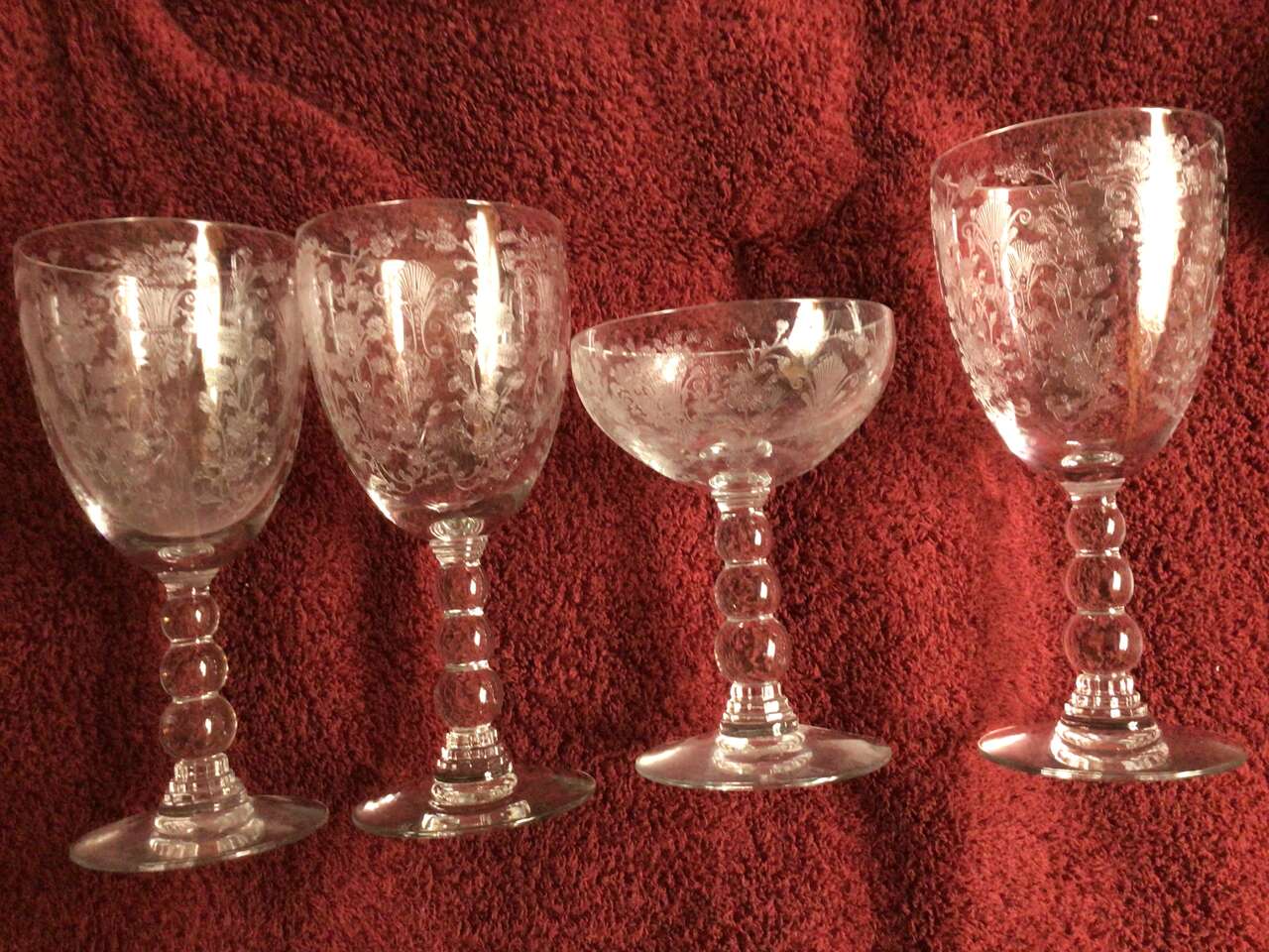 DUNCAN MILLER First Love Etched goblets ball stem clear 4