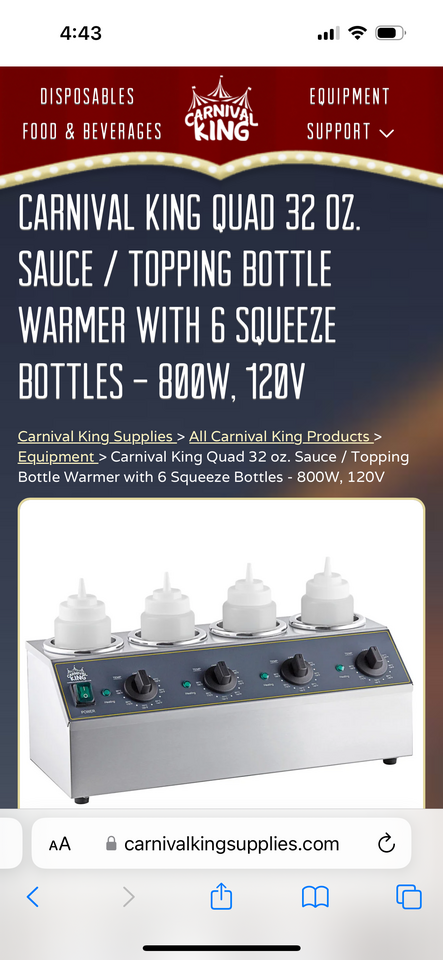 Carnival King Quad 32 oz. Sauce / Topping Bottle Warmer - 800W, 120V