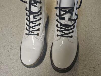 Dr. Martens ZAVALA Leather Combat Boots, Women Sz 7 Tall Mid Calf Lace, White