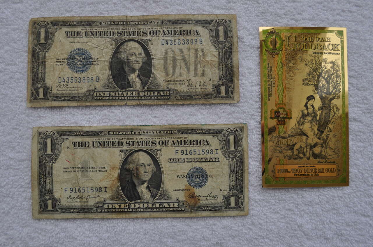 Silver Certificate 1928 B - $1, 1935 E - $1, UT Gold Back - 1