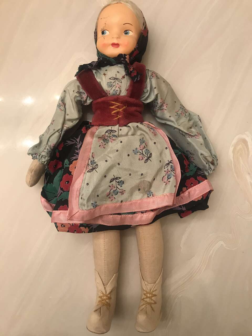 Rag Doll Poland Red velvet cloth body Dress Head Scarf Floral 15" hinged figure