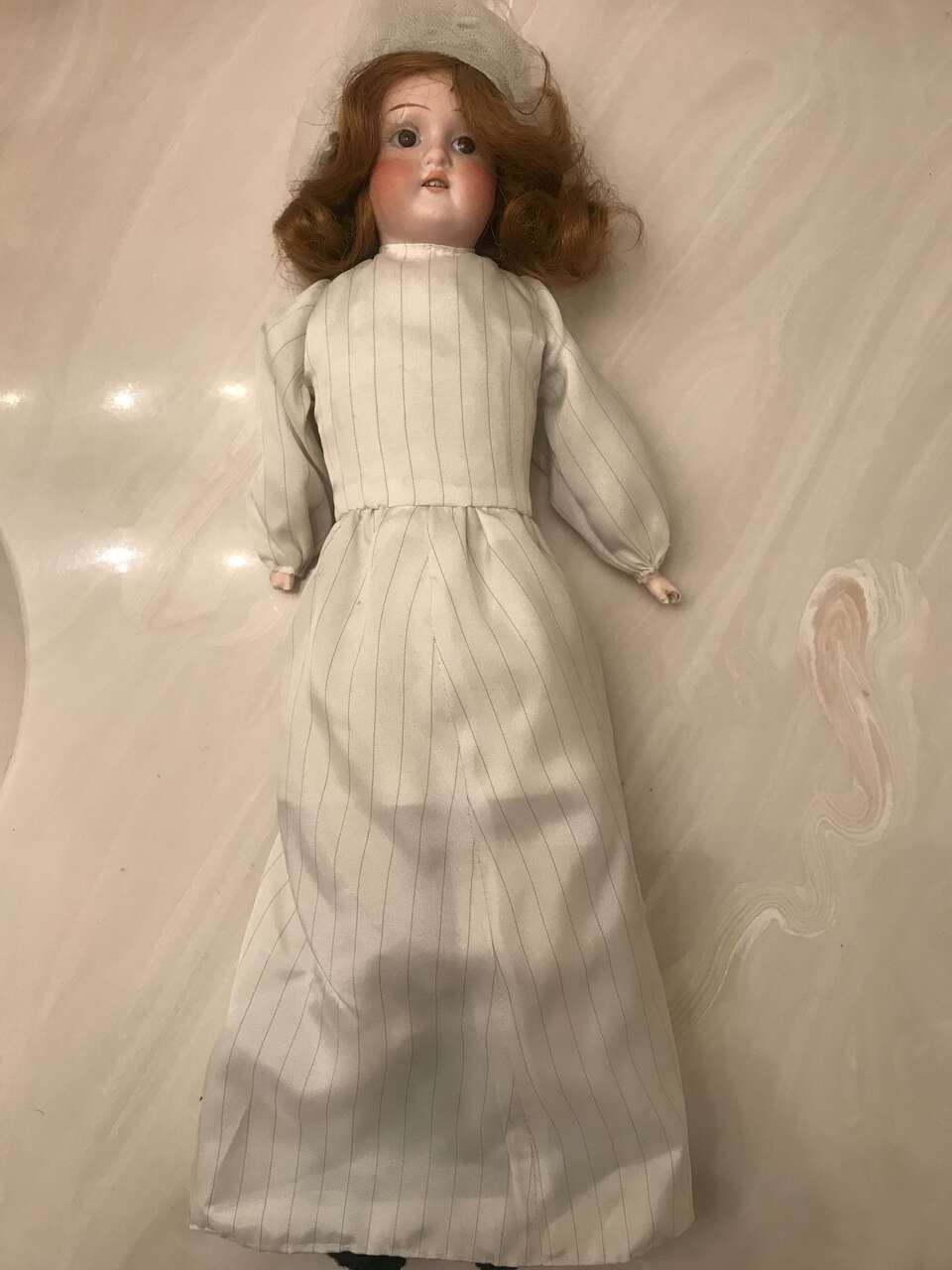 Antique 17 inches Bisque head doll red hair sawdust body leather teeth handmade clothes