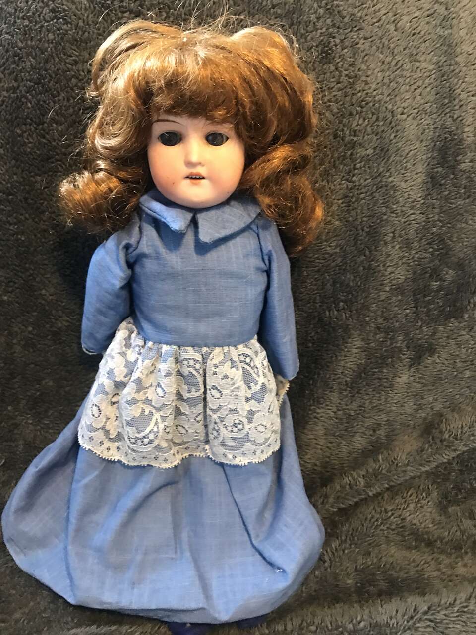 15 inches Bisque head doll red hair sawdust body leather teeth 370 Germany sleepy eyes