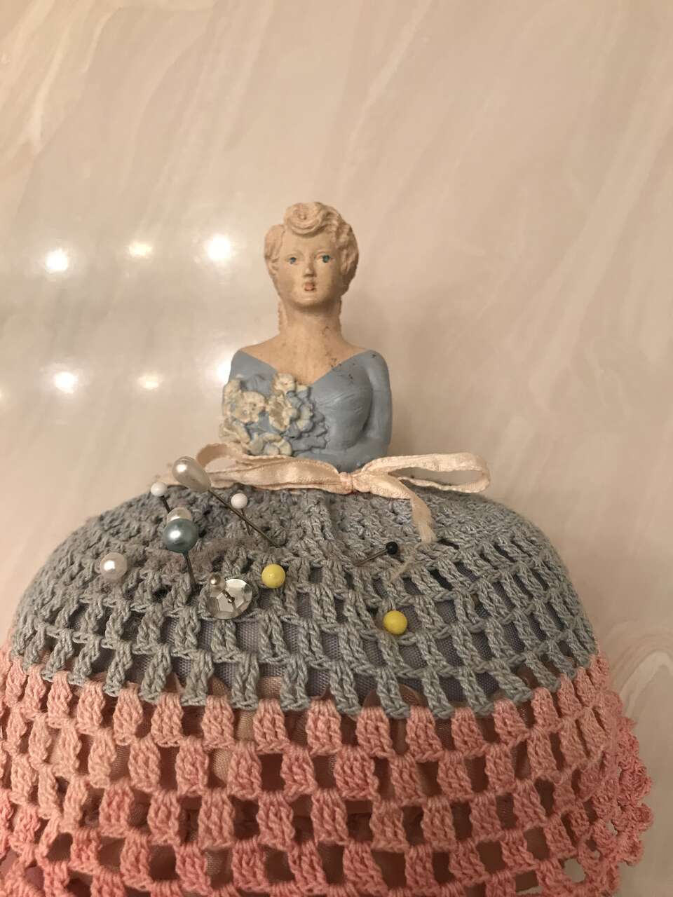Half China Doll bisque Pincushion Pin Cushion figure silk 6.5 inches by 5 inches crocheted skirt