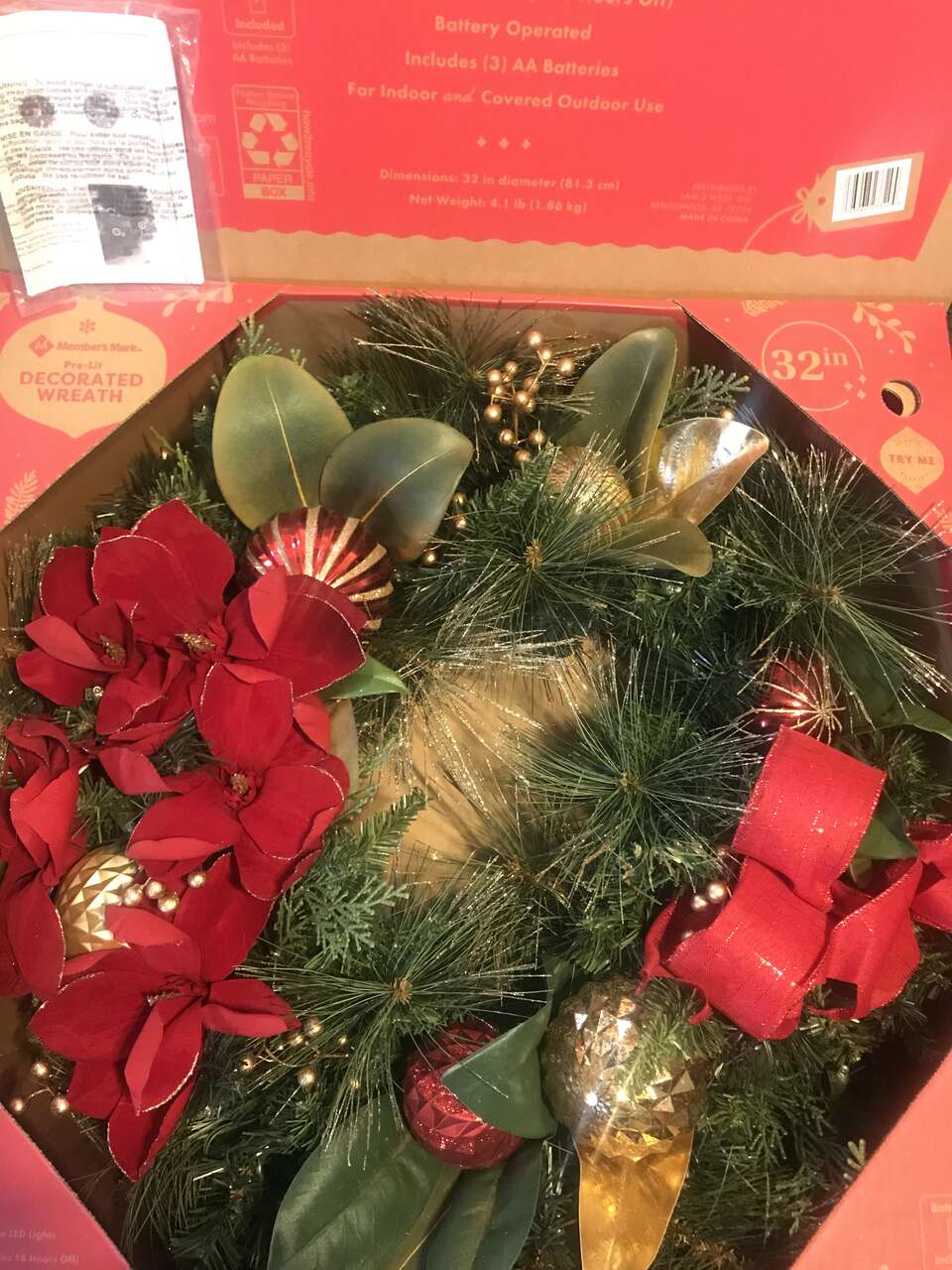 32 inches Pre-Lit Decorated Christmas Wreath w/ Timer Lights Holiday Decor tree green red bow ornaments gold glitter