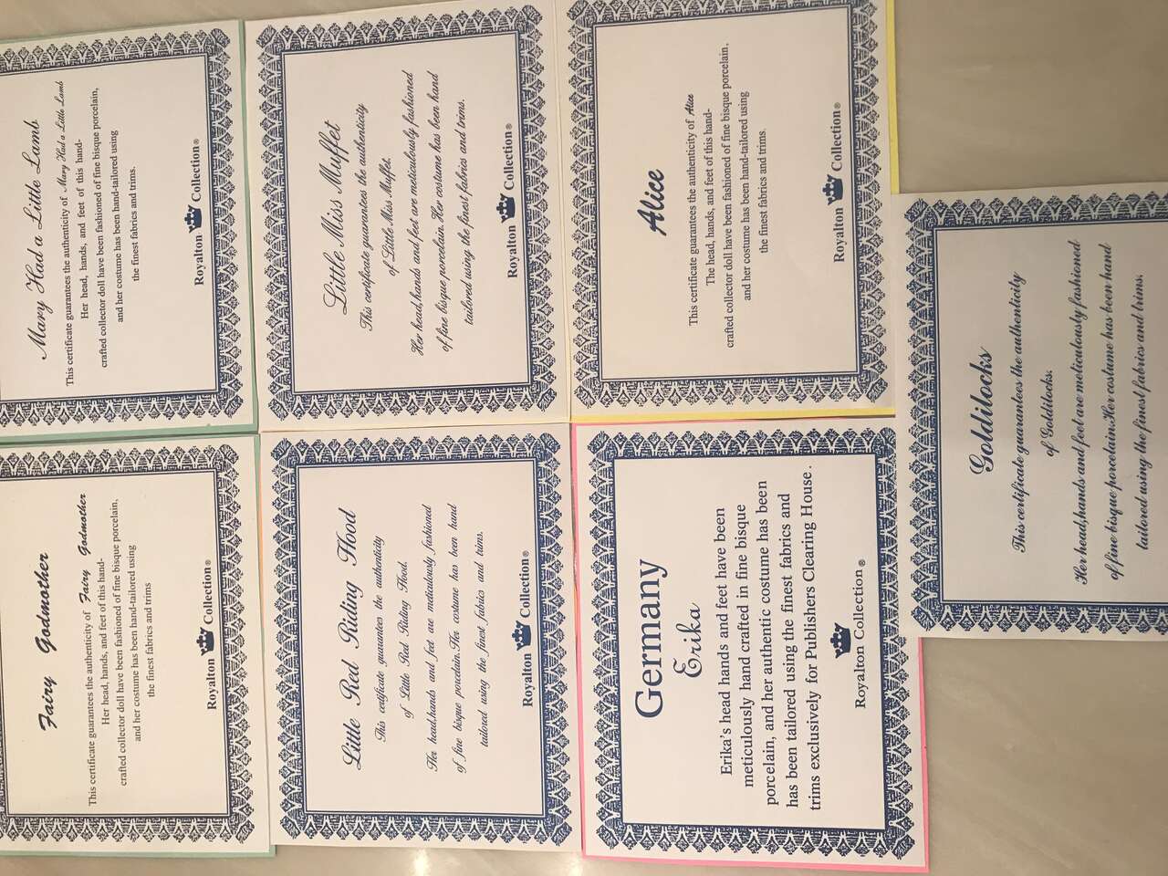 STORYBOOK Doll Royalton Collection Certificate Fairy Godmother Alice Goldilocks Erika Miss Muffet Red Riding Hood Mary Lamb