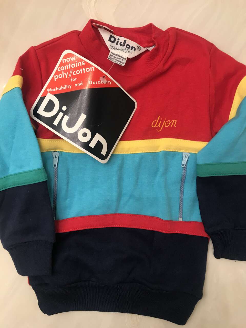 NEW! Vintage DiJon 4T Long Sleeve Shirt zipper pockets France Toddler Tags blue rainbow multi-colored rainbow colors outfit