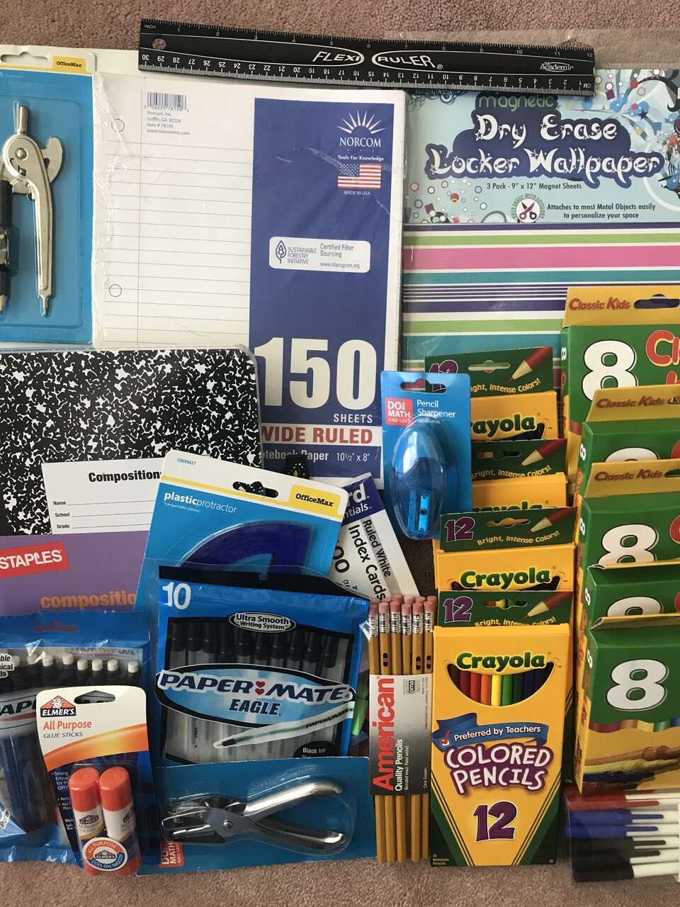 Crayola Markers crayons pencils erasers glue hole punch compass notebook paper pencil sharpener ruler pens school supplies