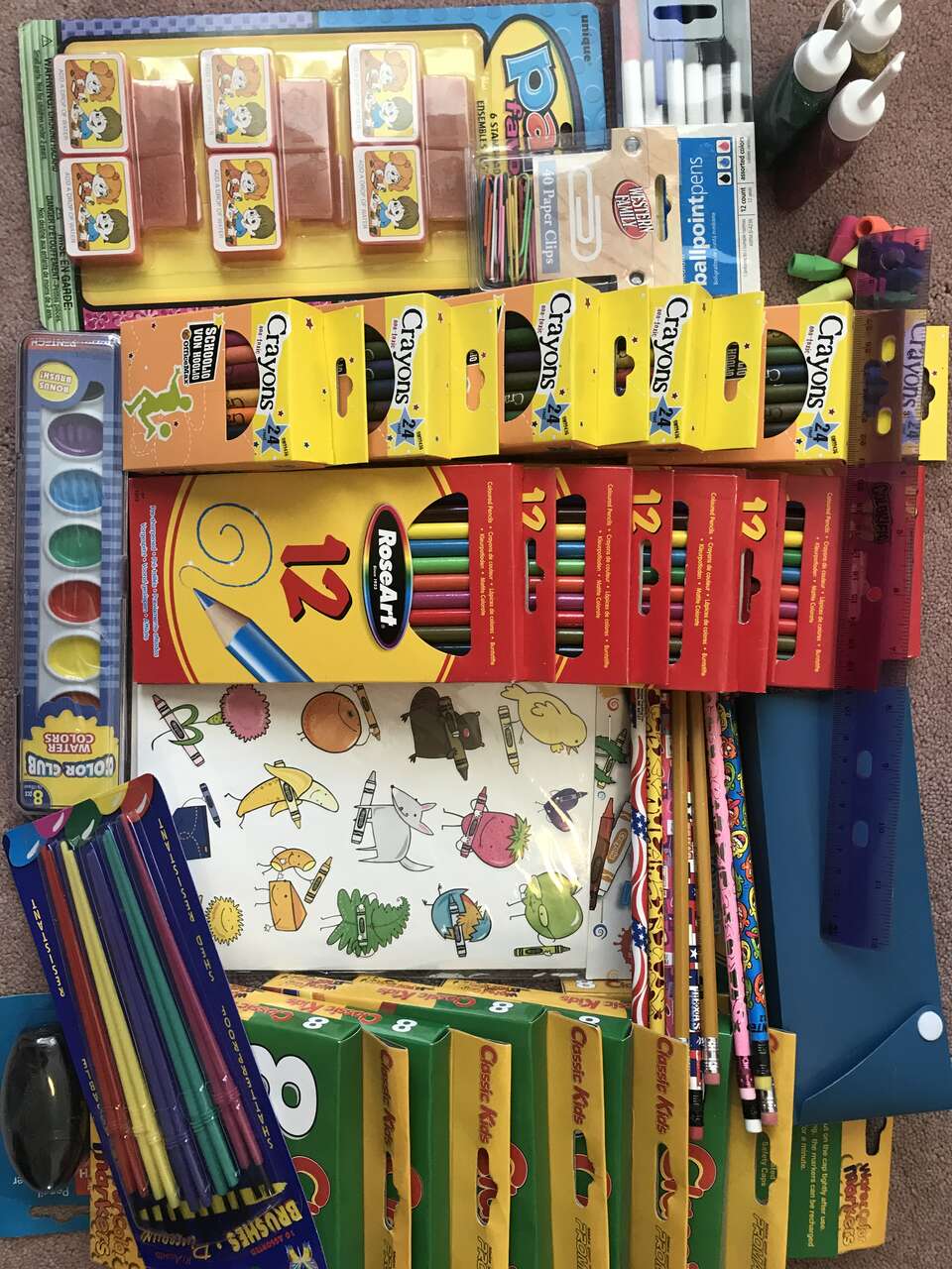 school homeschool RoseArt Colored markers glitter glue crayons stamps pens stickers paint paintbrushes eraser top