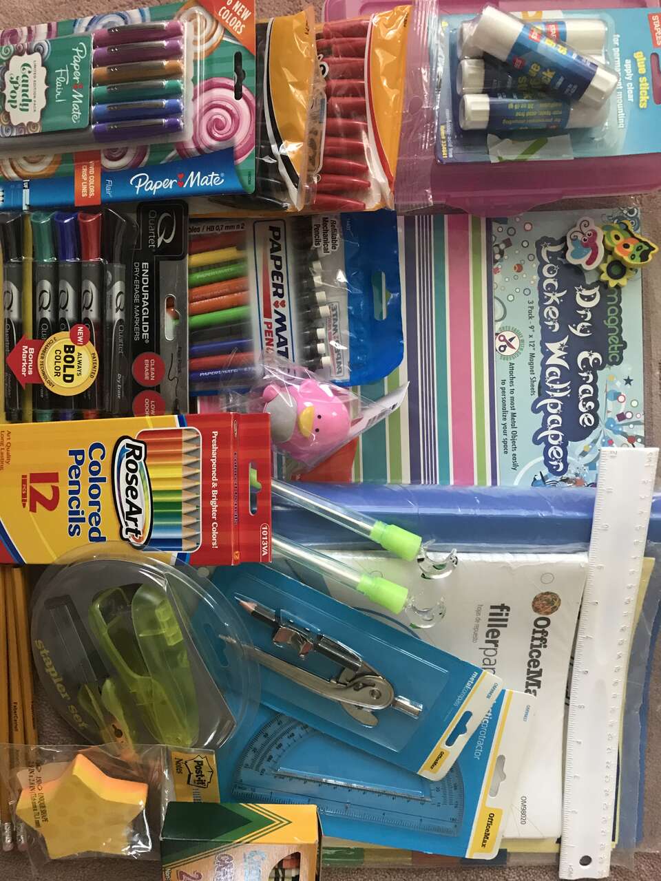 Crayola crayons RoseArt Colored pencils mechanical pencils pens notebook paper stapler glue stick