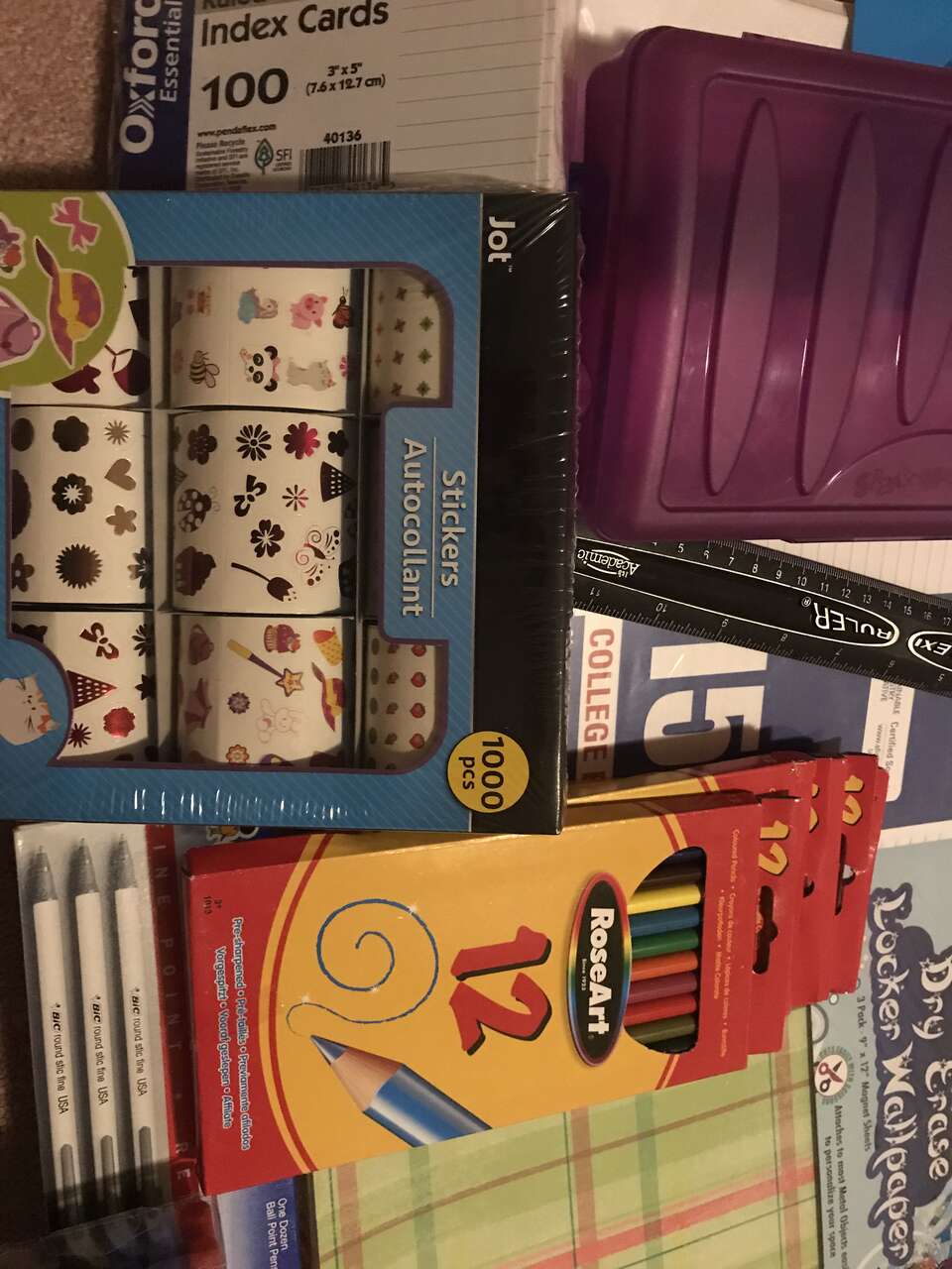 RoseArt Colored pencils pens notebook paper glue stick stickers markers compass pencil case