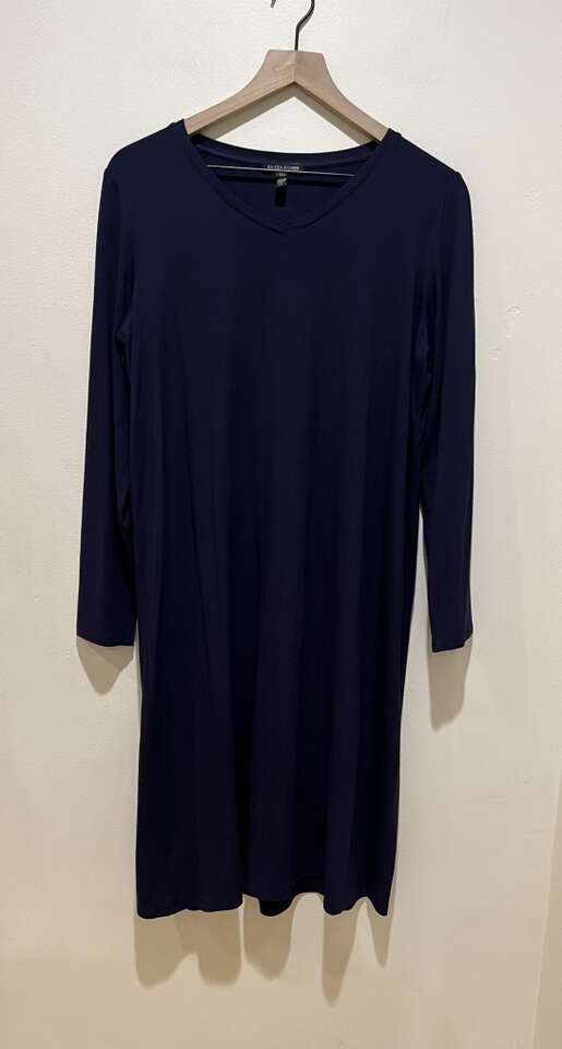 Eileen Fisher Navy Blue V Neck Midi Shirt Dress