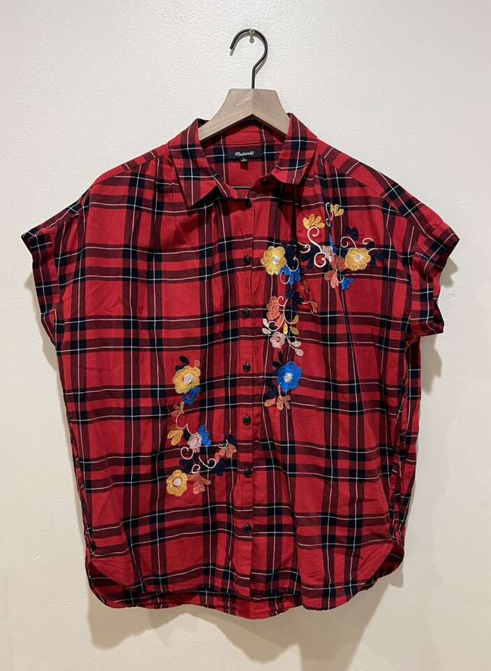 Madewell Red Plaid Floral Embroidered Blouse