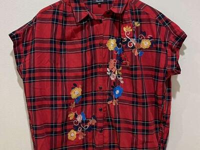 Madewell Red Plaid Floral Embroidered Blouse