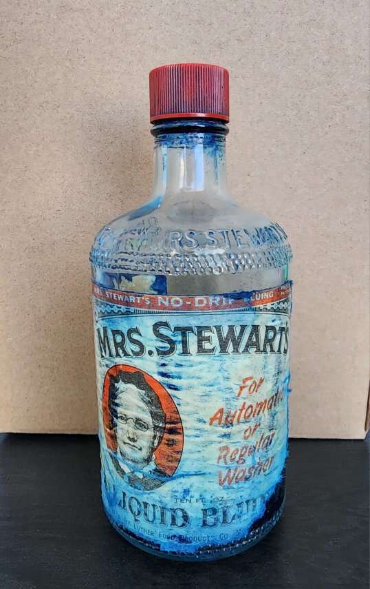 Vintage Mrs Stewarts bluing agent glass bottle