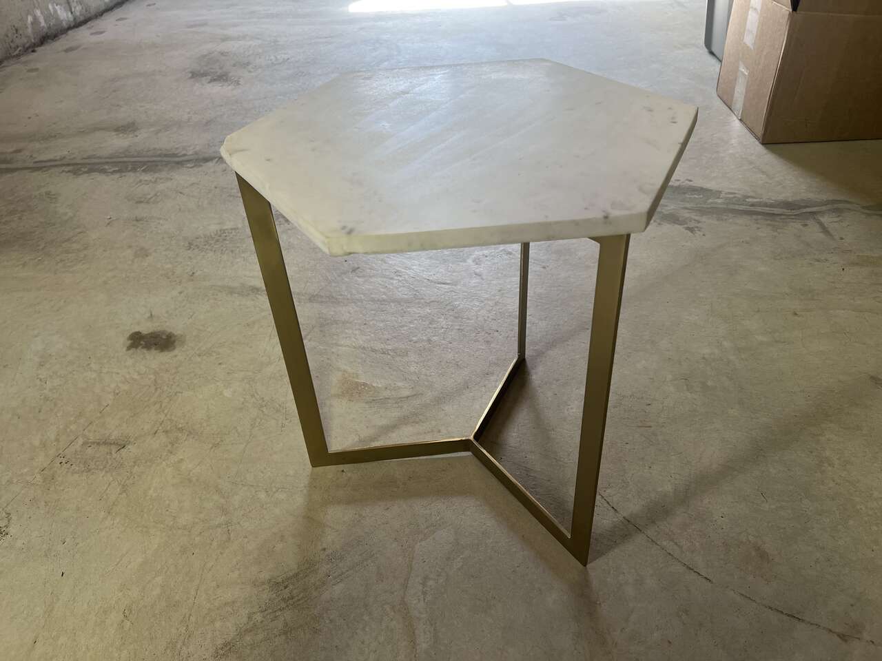 West Elm Antique Brass & Marble Hex Side Table - 15.5" tall