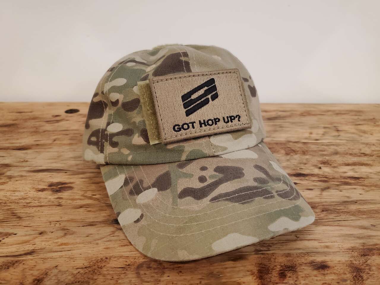 Multicam hat with rare "got hop up?" patch