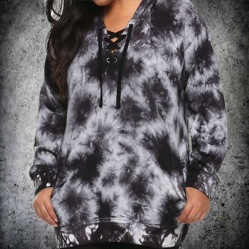 Hot Topic Black Tie Dye Lace Up Collar Hoodie - Size 1 (PLUS)