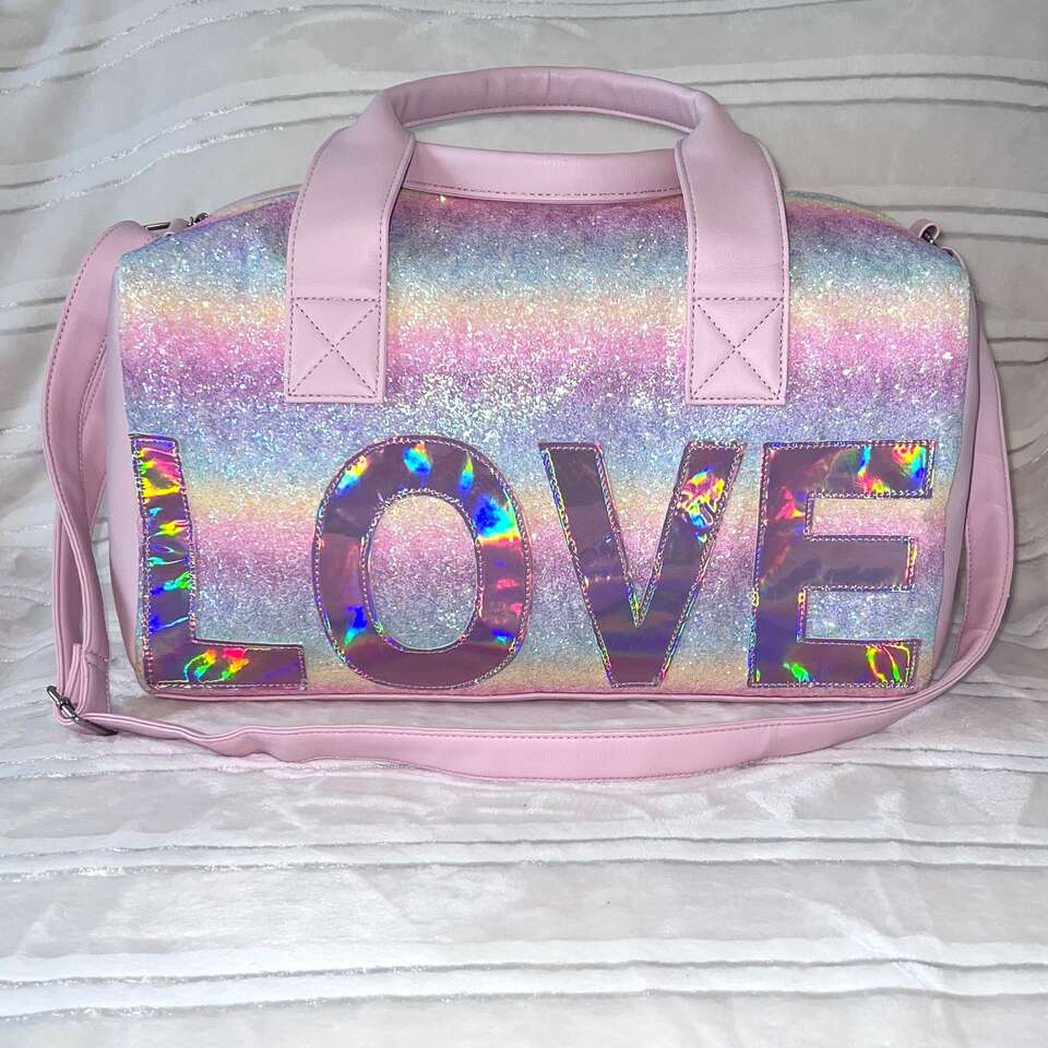 RARE! OMG Accessories Pink Glitter Ombre Love Duffle Tote Bag - Great Condition