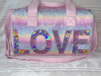 RARE! OMG Accessories Pink Glitter Ombre Love Duffle Tote Bag - Great Condition