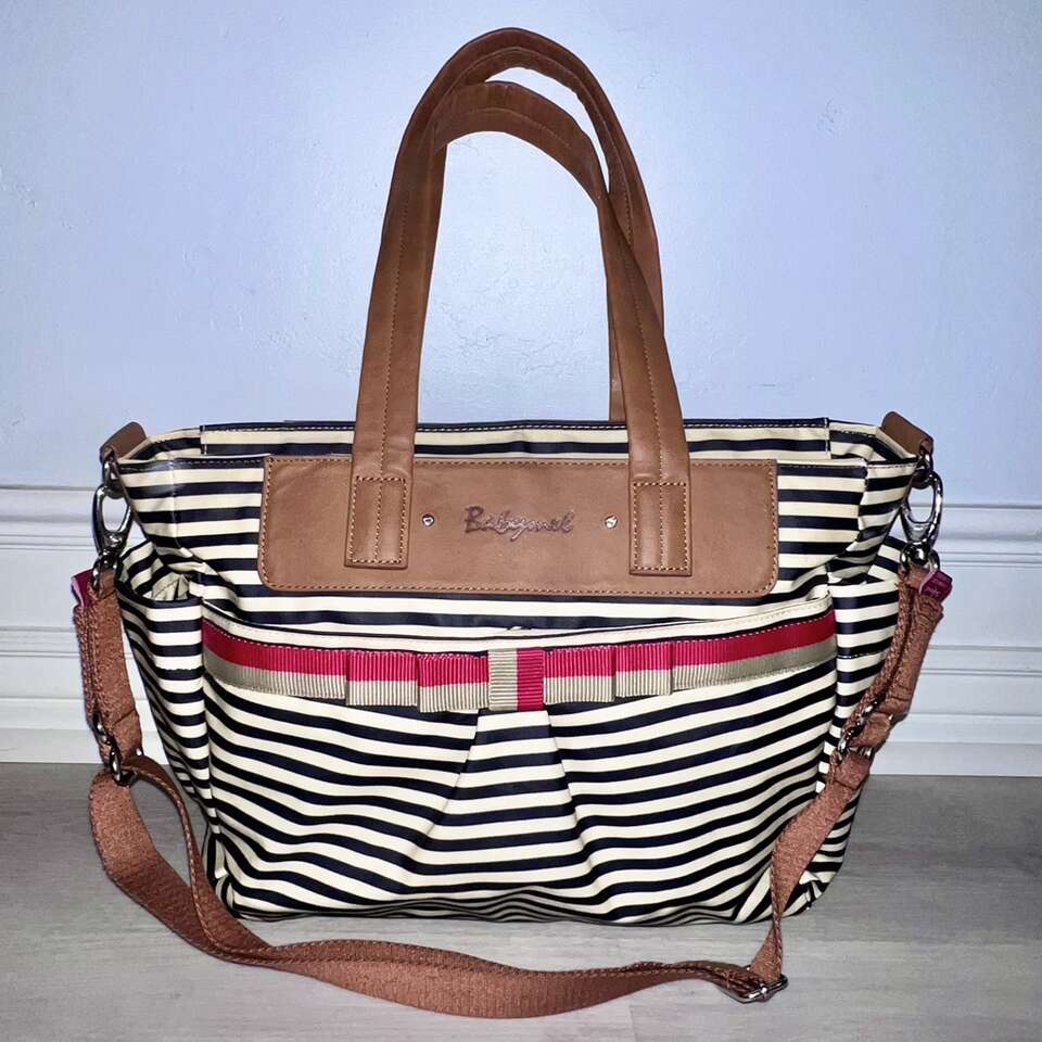 Babymel Cara British Chic Diaper Bag - Navy Stripe with Faux Brown Leather Handles