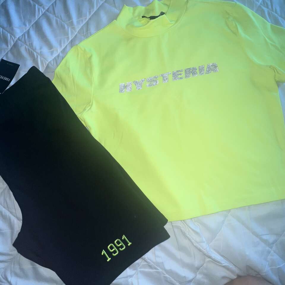 Neon Yellow Crop Top and Black Bike Shorts - Size