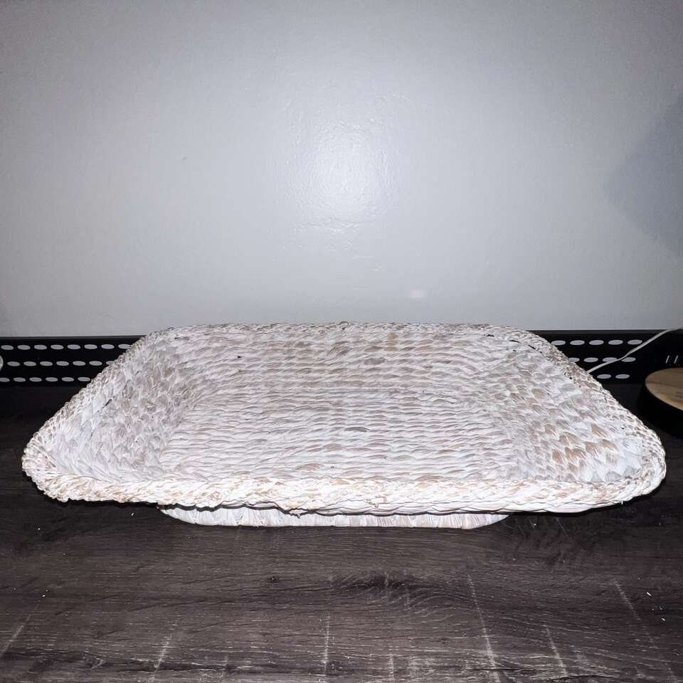 White Wash Rectangular Woven Tray with Pedestal Base