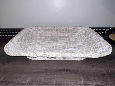 White Wash Rectangular Woven Tray with Pedestal Base