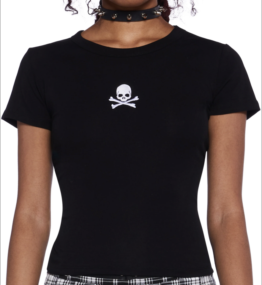 Current Mood Black Skull and Bones Baby Tee - Size Medium