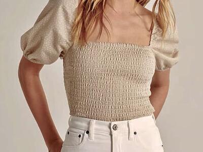 Abercrombie & Fitch Tan Polka Dot Smocked Puff Sleeve Top - Size Small