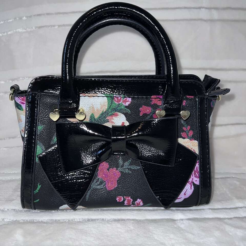 Betsey Johnson Black with Pink Floral Print Mini Tote Crossbody - EUC