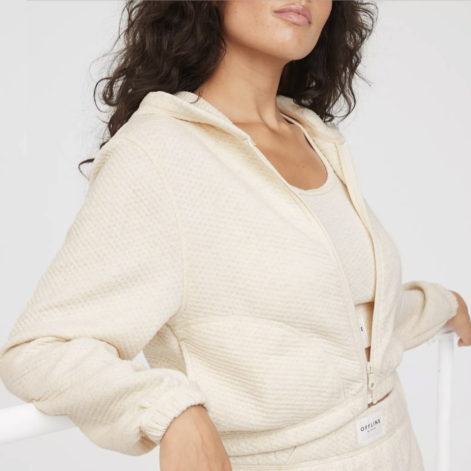 Offline by Aerie Coffee Run Cream Crop Zip Up Hoodie - Size Medium