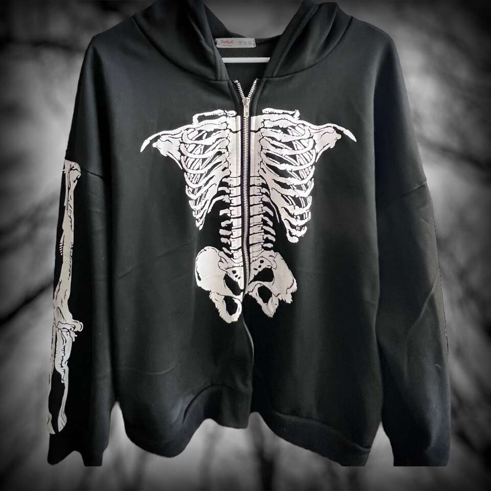 Black Skeleton Full Zip Hoodie - Fits like a Large