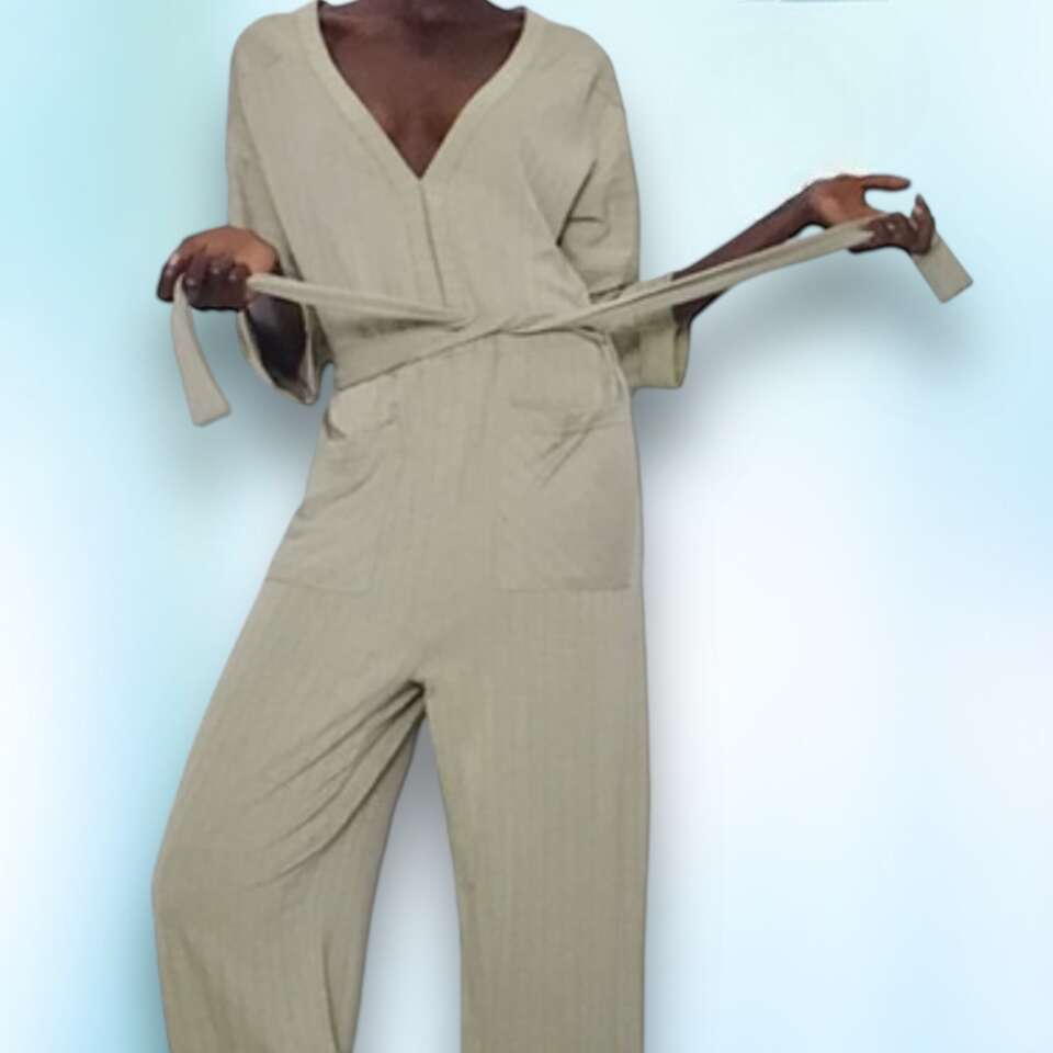 Zara Sage Green Striped Knit Jumpsuit - Size Small