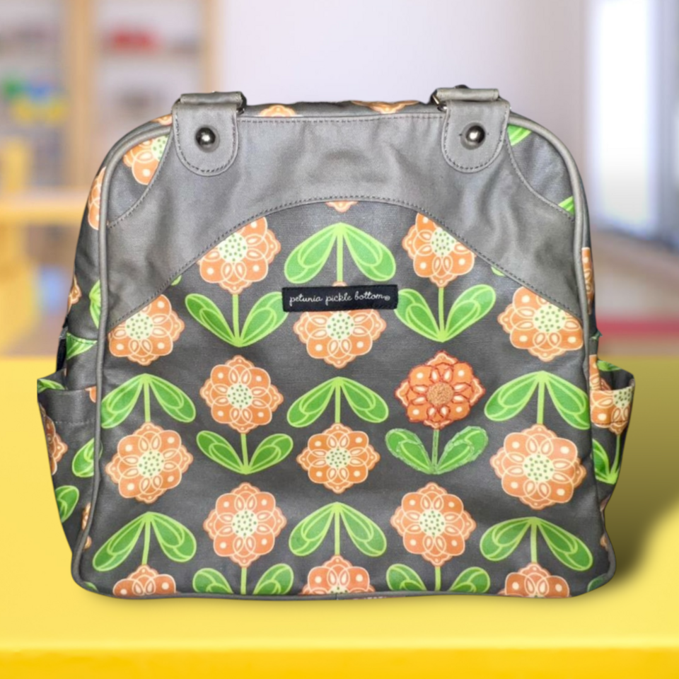 Petunia Pickle Bottom Gray and Orange Diaper Bag, Tote, Back Pack