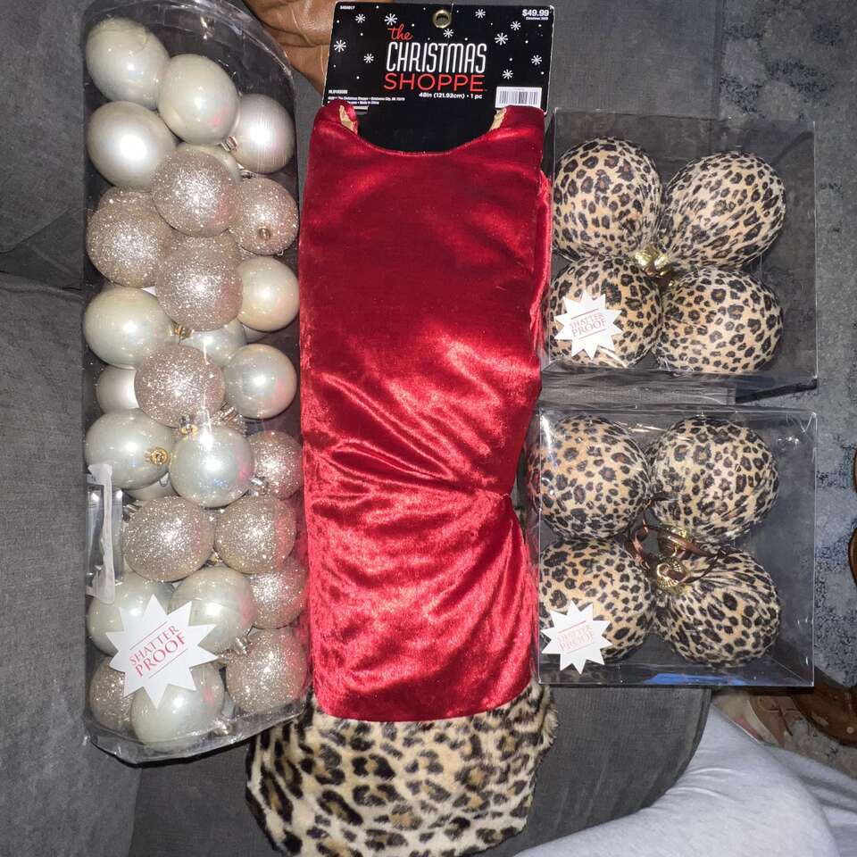 Leopard Print Christmas Tree Skirt and Ornaments