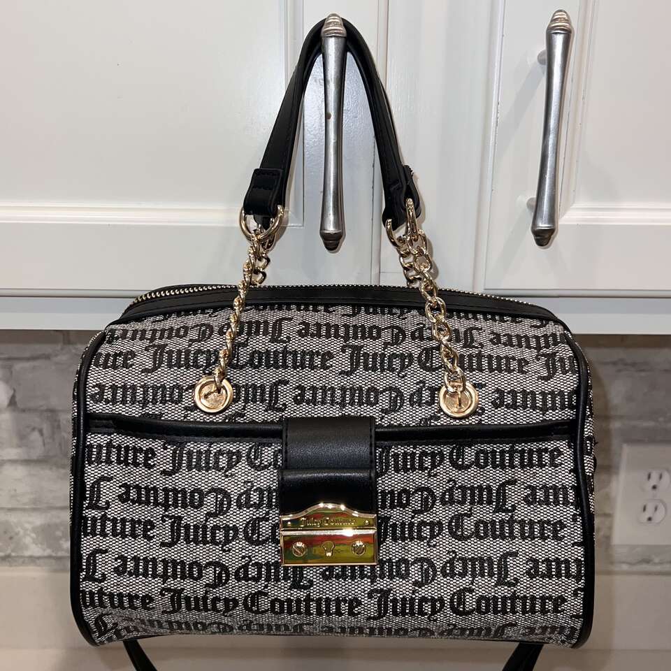 Juicy Couture “Pop that Lock” Handbag w Gold Chain Strap and All-Over Logo Print