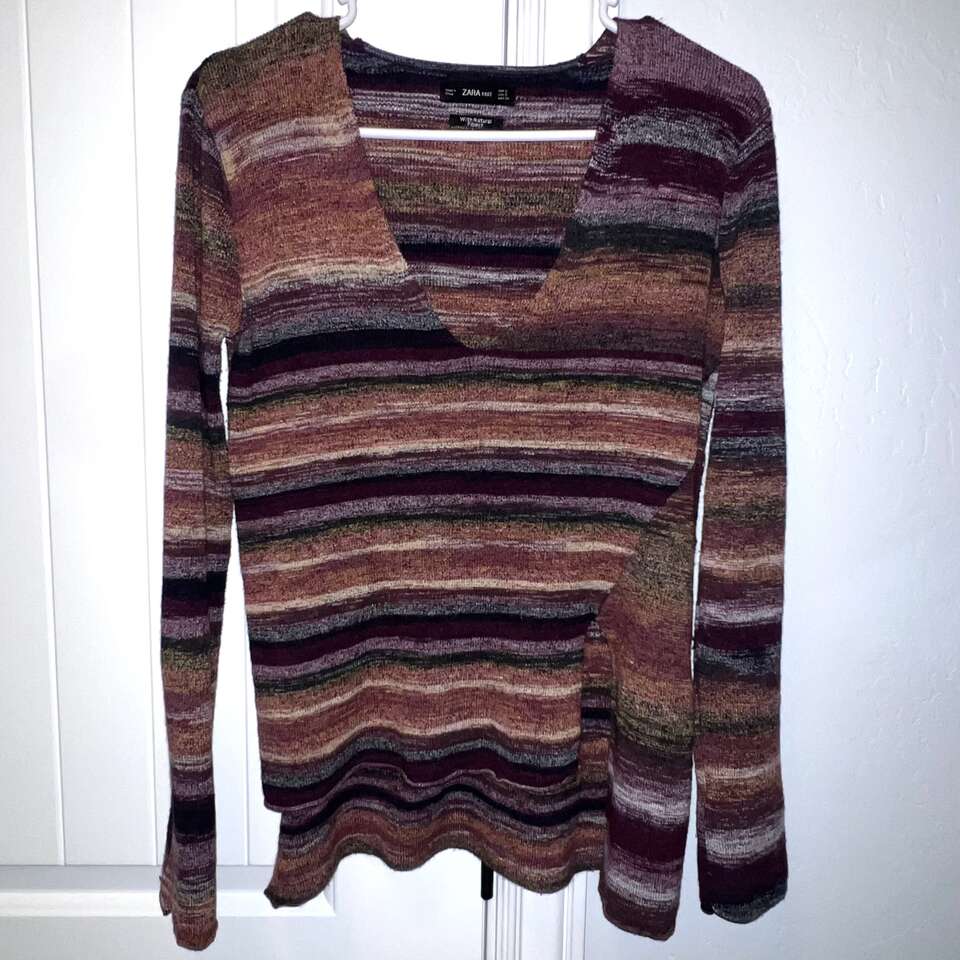 Zara Knit Long Sleeve, Hi-Lo Hem, Boho Stripe Sweater-ish Shirt - Size Small