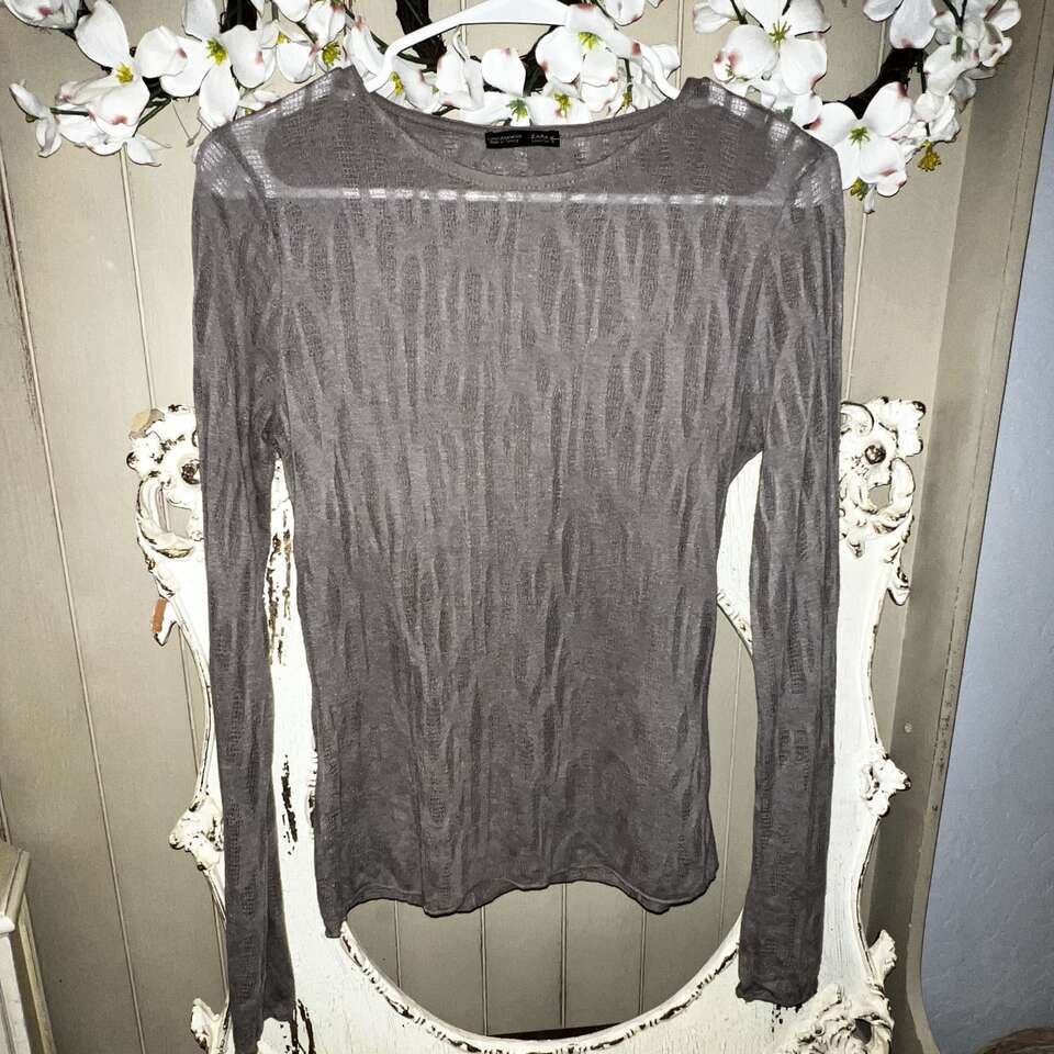 Zara Gray Sheer Wave Print Long Sleeve Shirt - Size Medium