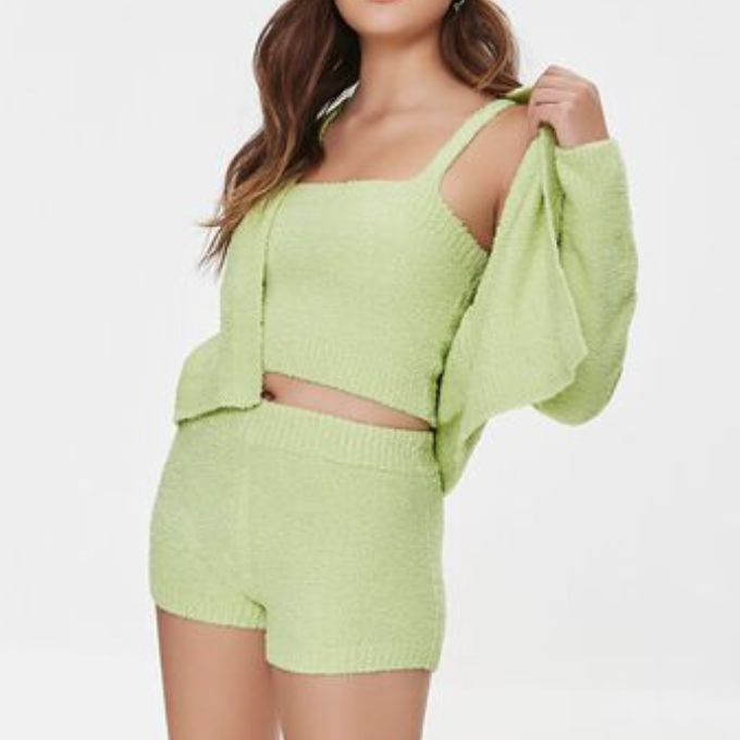 NEW Forever 21 Fuzzy Knit Cardigan Sweater, Crop Tank & Shorts Lounge Set - Size Large - Mint Green