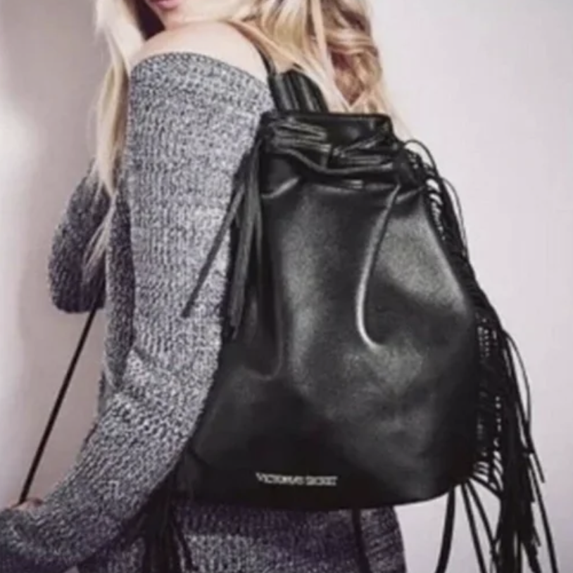 Victoria's Secret NEW Fashion Show 2015 Faux Black Leather Drawstring Bag with Fringe