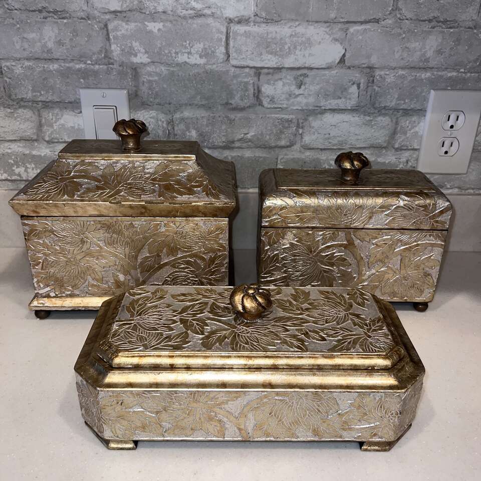 3 Baroque Antique Style Resin Trinket Boxes with Gold Ornate Floral Designs