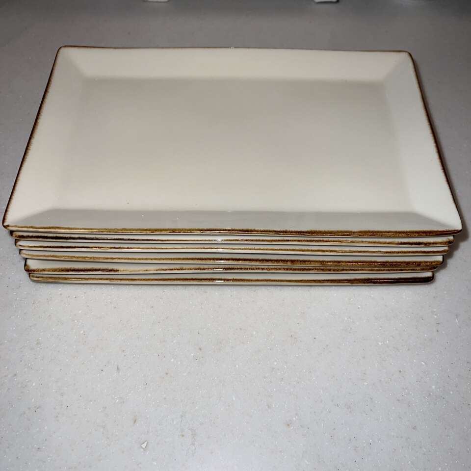 Set of 6 POTTERY BARN ASIAN SQUARE Off White (Putty) Sushi Plates 10.5"x 6.75" Rectangula