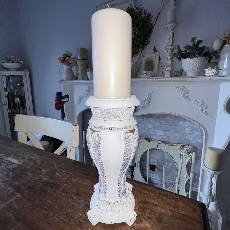 Vintage Style White Shabby Chic Ornate Candle Holder with 6" New Candle