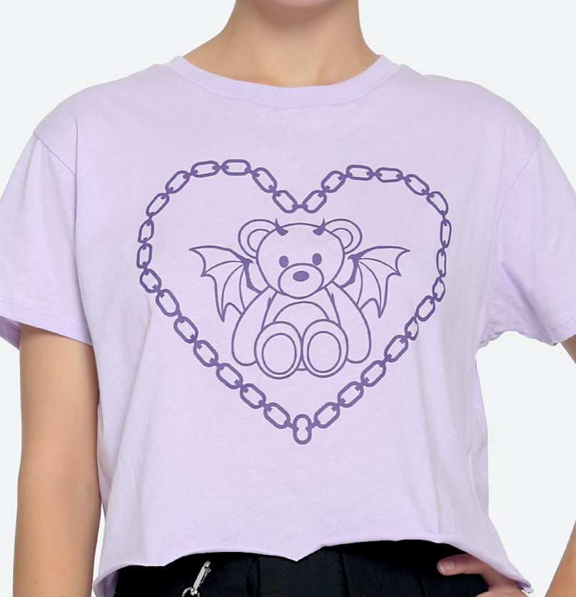 New Hot Topic Lilac Purple Demon Bear Chain Heart Crop T-Shirt - Size Large