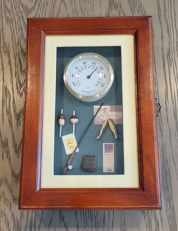 Fishing Shadow Box 8" X 11.5" x 2.5" Key Holder Thermometer FISH Rod Reel gift Dad Picture